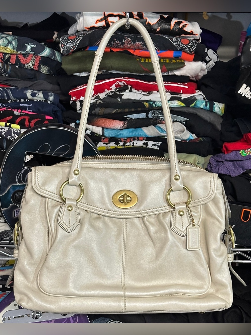 COACH pearlized cream "addison" spectator sachel bag with gold hardware.